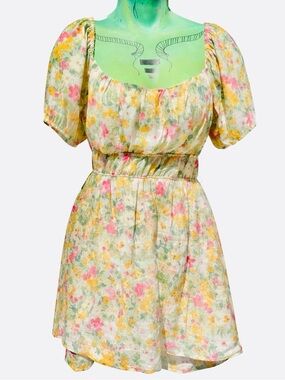 Floral Puff Sleeve Summer romper dress - Cream, Yellow, Pink & Green